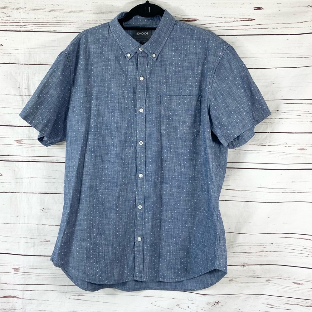 Bonobos Shirt Mens XXL Blue Grey Slim Fit Polka Dot‎ Cotton Short Sleeve.
